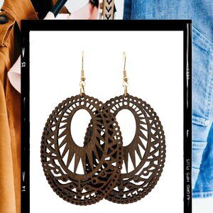 Wooden, brown, intricately designed earrings